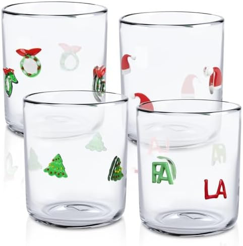 4 Pcs Christmas Icon Glass Cups Set - 14 oz Santa Hat Xmas Wreath Christmas Tree & FA LA Stemless... | Amazon (US)