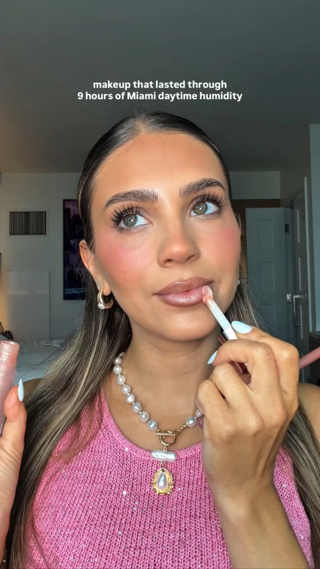 Miami swim week glam that got me through with minimal touch ups 🤭

Nothing budged during hours of poolside, outdoors craziness. @prada concealer, @diorbeauty backstage base, @yslbeauty shadows, @lawlessbeauty gloss layered with @summerfriday and @glossier dew. @guerlainfragrances bronzer, @maccosmetics serumizer, @morphe setting spray, and @prada mascara sealed the deal.
Dress: @astaresort | Necklace: @shopwindsor
.
.
#MiamiBeauty #SwimWeek #LongwearMakeup