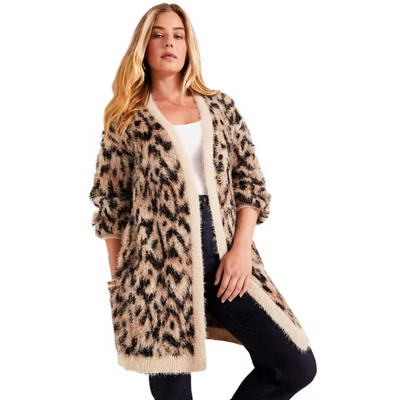 June + Vie by Roaman's Women's Plus Size Leopard-Print Eyelash Cardigan | Target