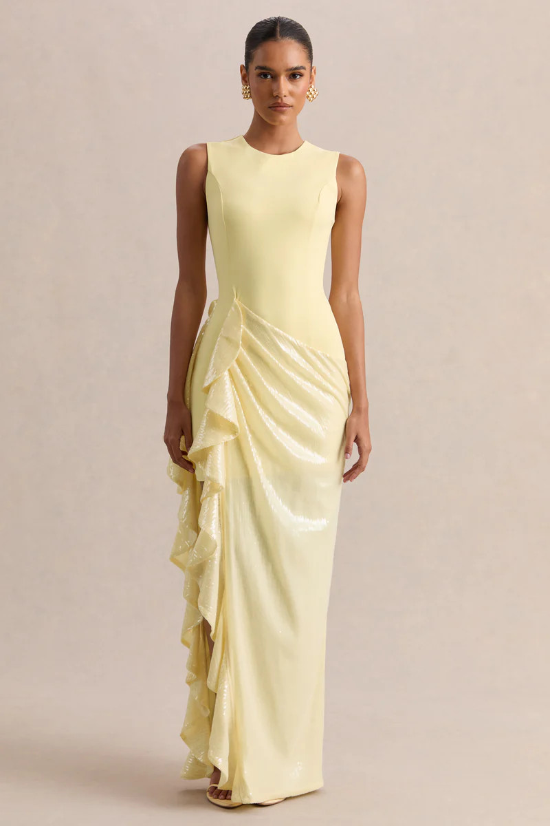 Ada  Lemon Crew-Neck Maxi Dress With Sheer Skirt And Ruffled Detailing | Club L London