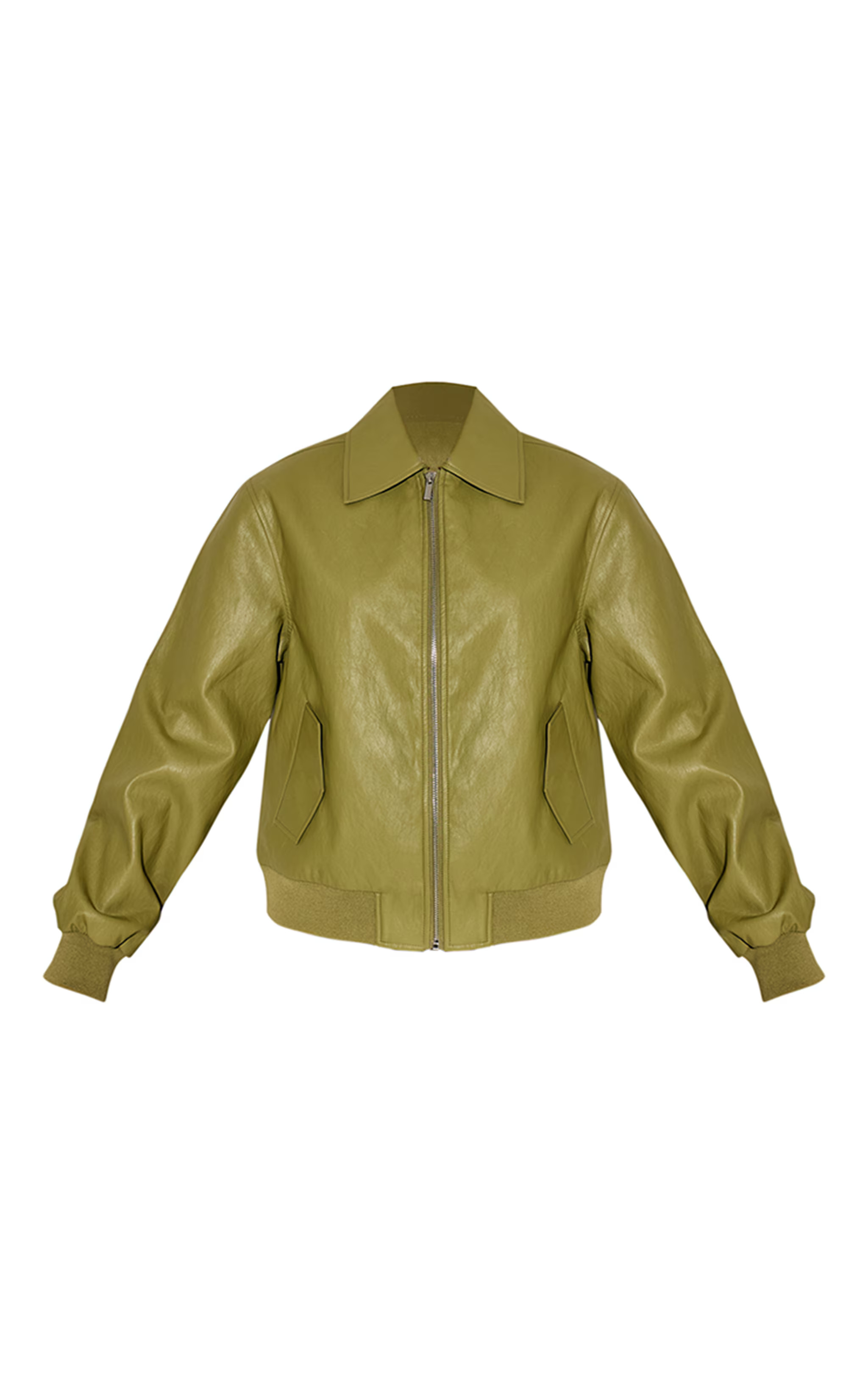 Olive Faux Leather Bomber Jacket | PrettyLittleThing US