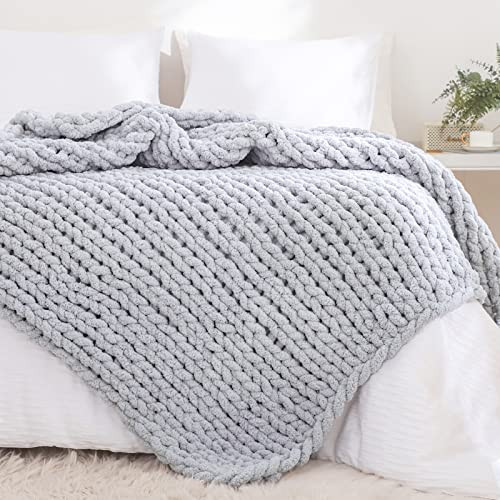 YAAPSU Chunky Knit Throw Blanket for Couch, 51"x63", 100% Hand Knitted Thick Cable Knit with Cozy Jumbo Chenille Yarn, Soft Large Rope Knot Crochet Blankets for Sofa Bed Living Room Décor, Light Gray | Amazon (US)