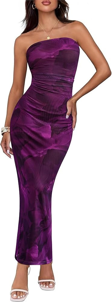 BTFBM Women's Floral Maxi Dresses Summer 2025 Strapless Tube Bodycon Mesh Layered Cocktail Party ... | Amazon (US)