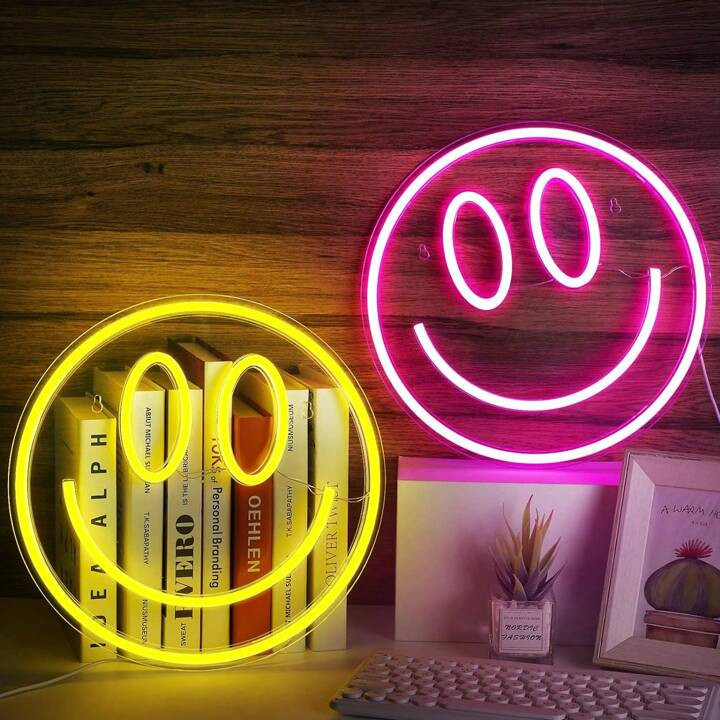 1pc Smile Face Neon Sign, LED Neon Light Wall Decor Face Light Up Signs USB Powered Yellow Neon S... | SHEIN