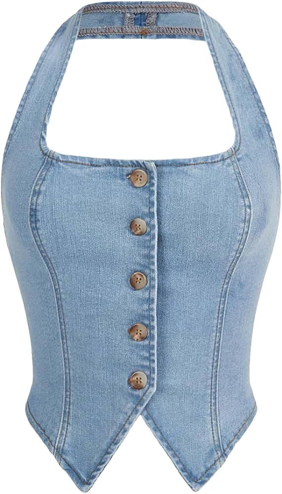 SHENHE Women's Denim Vest Halter Neck Button Up Denim Top Asymmetrical Backless Jean Vest Crop To... | Amazon (US)