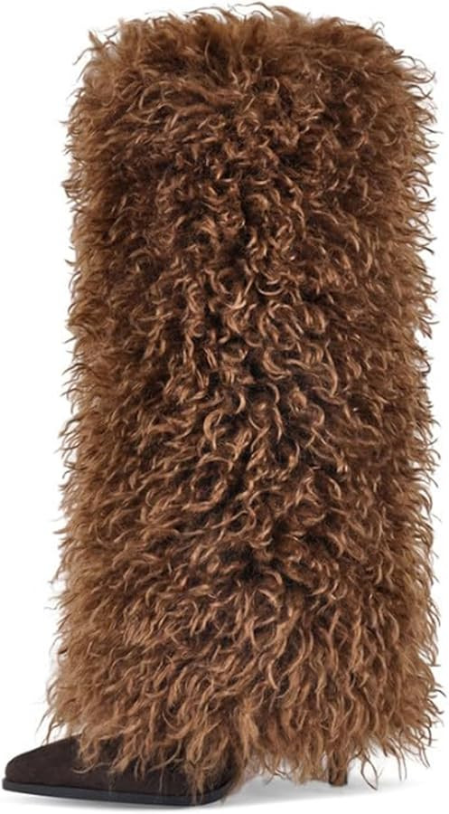 XBKXMK Fur Knee High Boots for Women Pointed Toe Stiletto Heel Fold Over Tall Boots Fashion Wide ... | Amazon (US)
