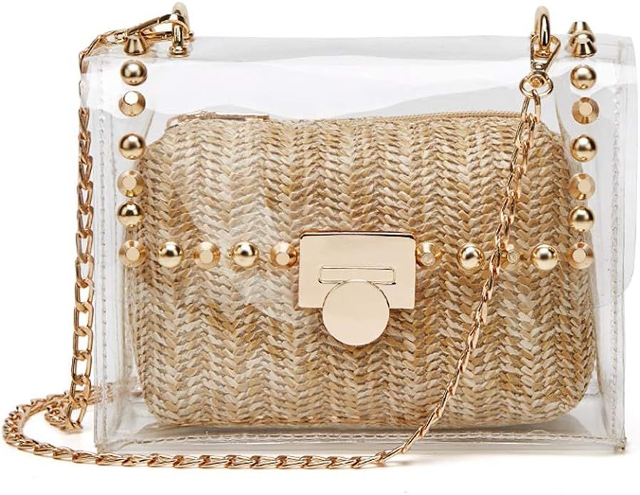 Clear Purse, 2 in 1 Transparent Shoulder Bag Set Fashion Rivet Chain Strap PVC Handbags for Women... | Amazon (US)