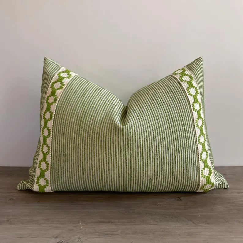 Green and Ivory Ribbed Stripe Pillow Cover with Trim: Square and Lumbar | Etsy (Global)