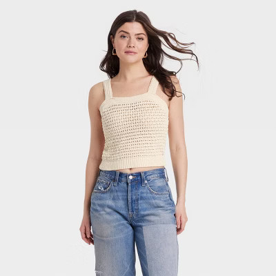 Women's Openwork Sweater Tank - Universal Thread™ Cream S: Cotton, Lightweight, Asymmetrical Neckline, Ribbed Hem, Sleeveless | Target