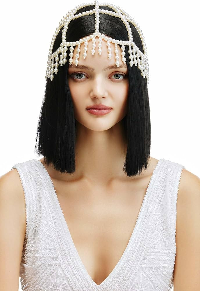 BABEYOND 1920s Pearl Flapper Cap Headpiece Roaring 20s Gatsby Pearl Head Chain (B-White) | Amazon (US)