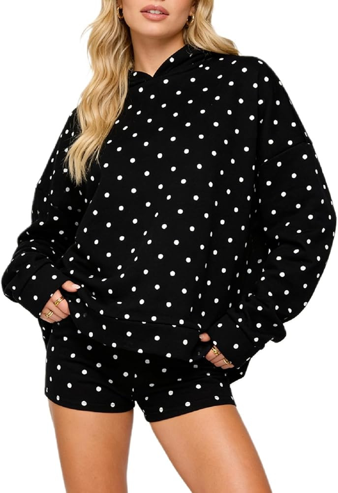 Women Polka Dot Hoodie Shorts Set Long Sleeve Oversized 2 Piece Sweat Set Casual Y2k Sweatshirt M... | Amazon (US)