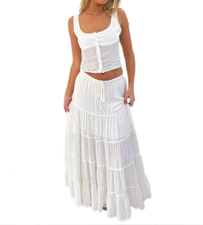 Women 2 Piece Skirt Set Summer Outfits Puff Sleeve Tie-up Front Crop Top+Long Maxi Skirt Cottage ... | Amazon (US)