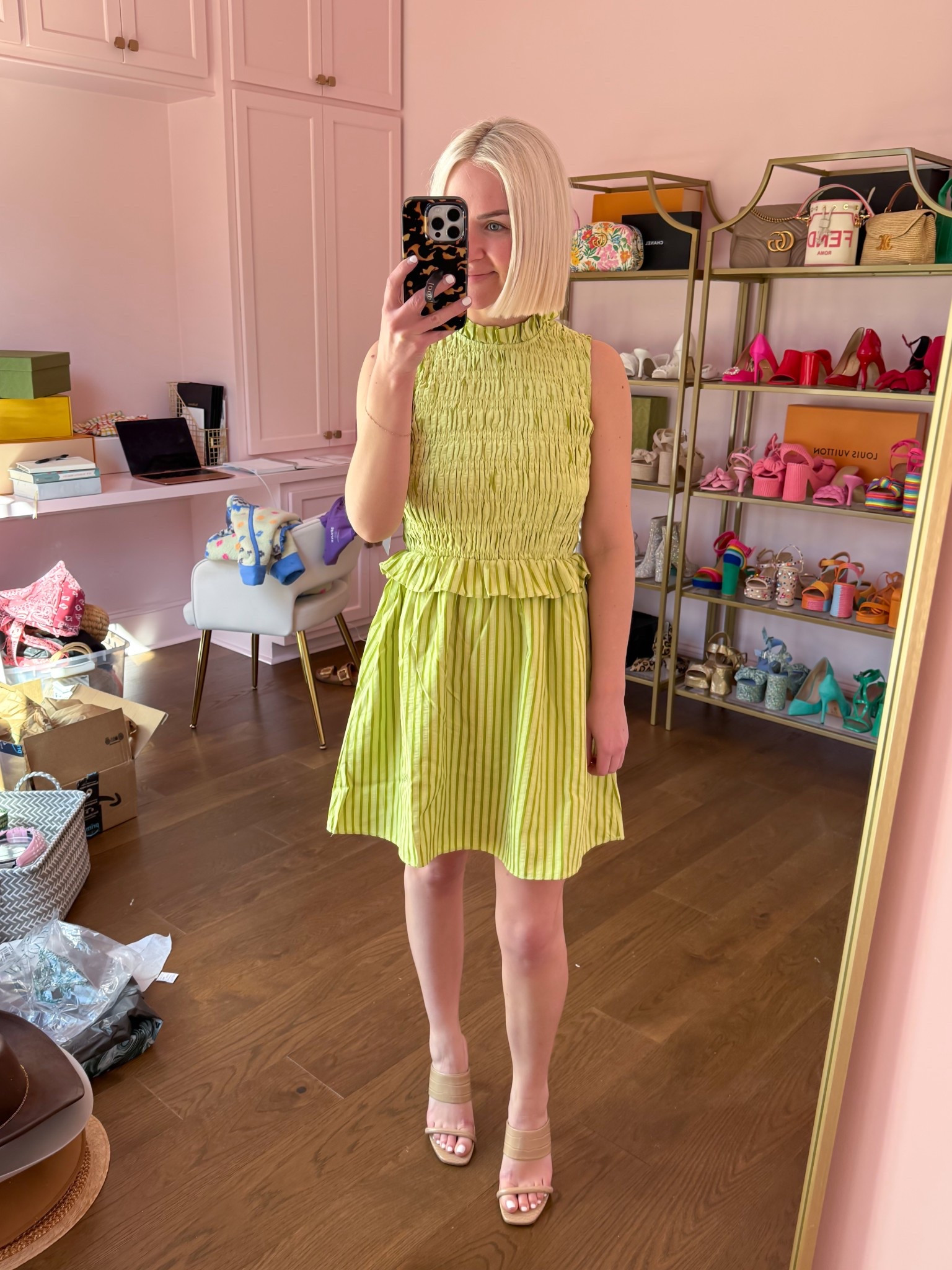 Lime green stripe seersucker dress / spring dress - 20% off with YOURULE
Size: XXS 
