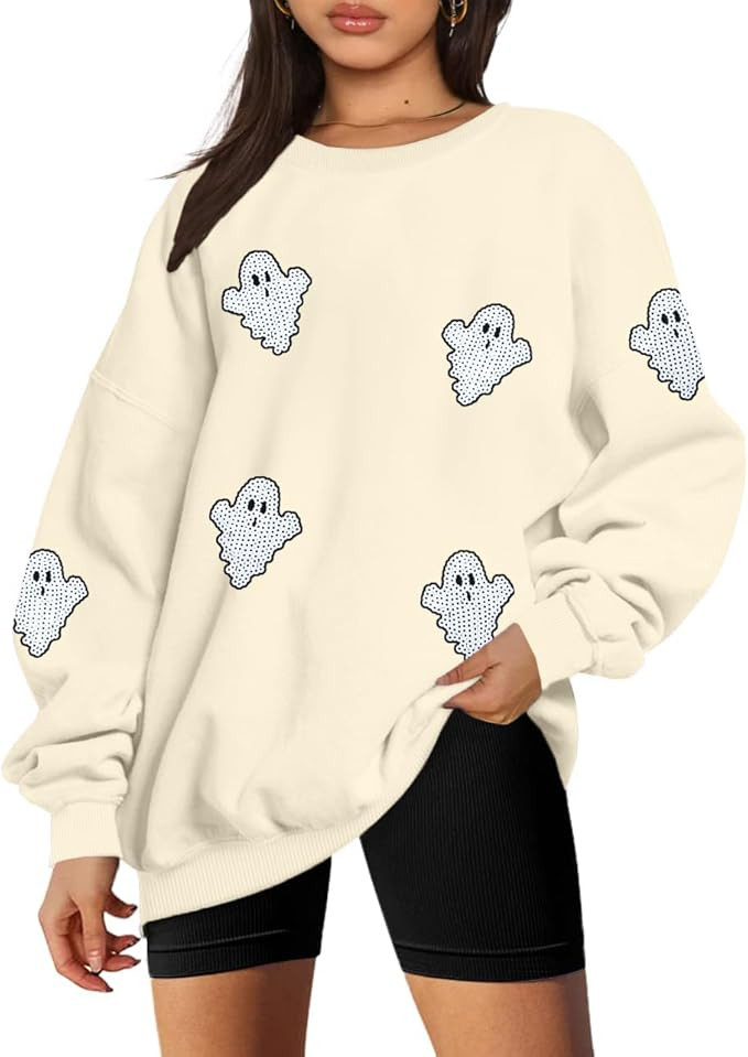 Women Halloween Sweatshirt Oversized Sequin Ghost Shirts Spooky Season Halloween Sweater Crewneck... | Amazon (US)
