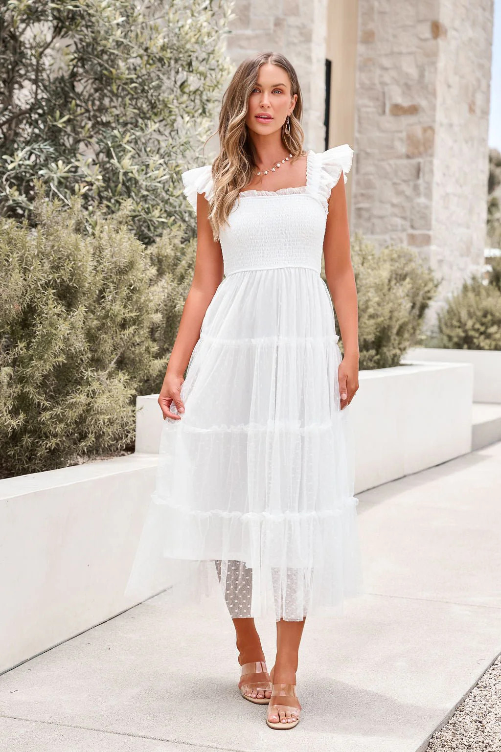 Women's Swiss Dot Tulle Midi Dress - White | Magnolia Boutique