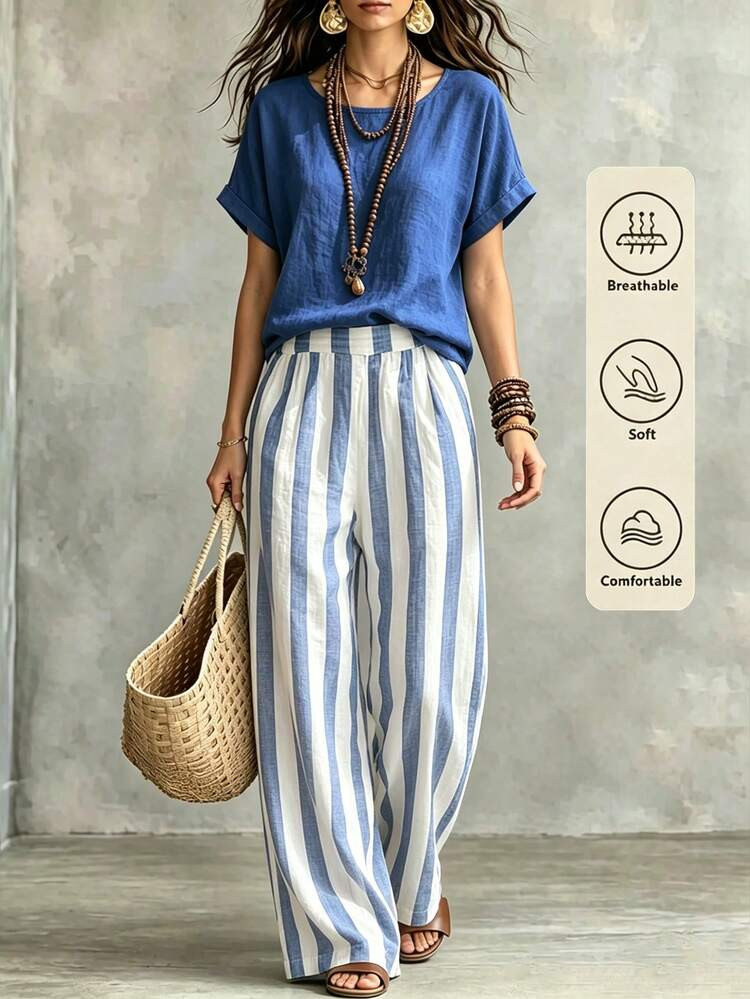 SHEIN Holidaya Women's Casual Summer Top & Striped Pants 2 Pieces Set | SHEIN