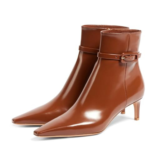 Adrizzlein Brown Kitten Heel Booties for Women Sexy Pointed Toe Ankle Boots Brown Patent Leather Booties Fall Winter Shoes With Zipper Size 7.5 | Amazon (US)