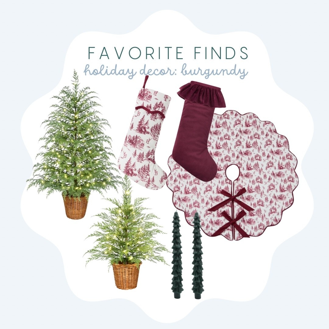Walmart holiday finds! Burgundy toile tree skirt and matching stockings. Faux trees for less! Gorgeous tree taper candles under $15! 

#LTKHoliday