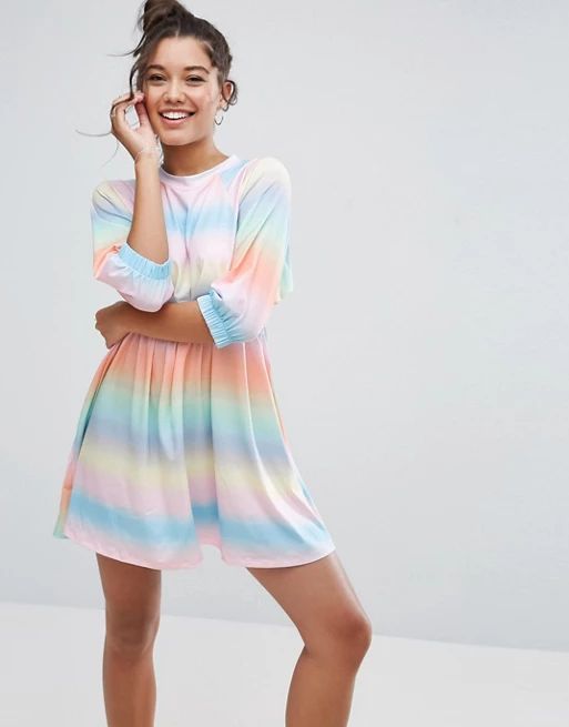 ASOS Cotton Smock Dress with Elastic Cuff Detail in Tie Dye Stripe | ASOS US