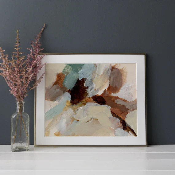 Brown and Mossy Teal Abstract Painting Modern Living Room - Etsy | Etsy (US)