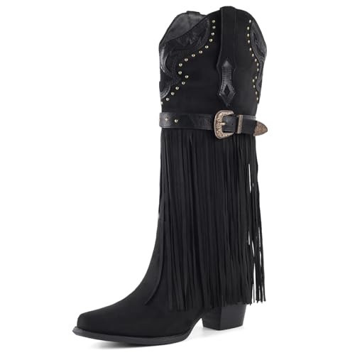 FancyQueen Fringe Cowboy Boots for Women, Fashion Pointed Toe Cowgirl Boots Womens Western Boot, Chunky Heel, Embroidered | Amazon (US)