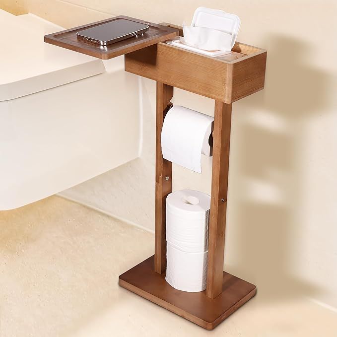 Bamboo Toilet Paper Holder Stand, 4-in-1 Free-Standing Toilet Paper Roll Holder with Shelf and Wi... | Amazon (US)