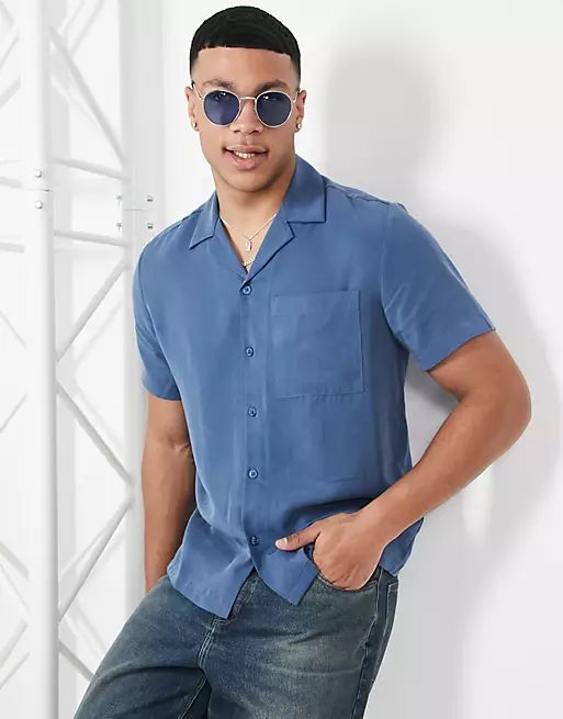 River Island short sleeve one pocket revere shirt in blue | ASOS | ASOS (Global)