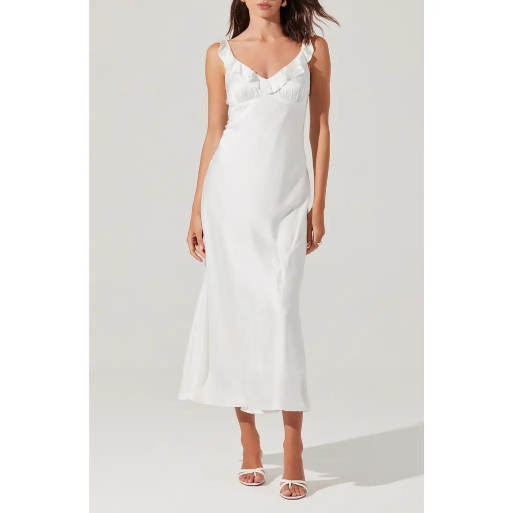 ASTR the Label Zoie Ruffle Neck Satin Slipdress in White at Nordstrom Rack, Size Large | Nordstrom Rack