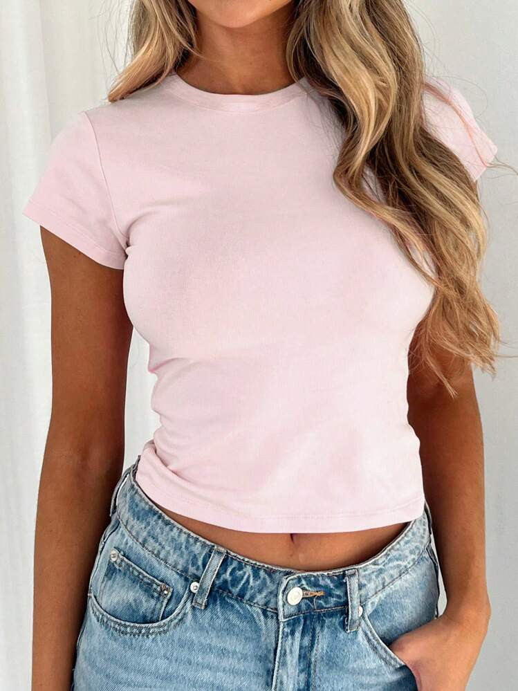 INAWLY Women Summer Solid Color Round Neck Short Sleeve Casual T-Shirt | SHEIN