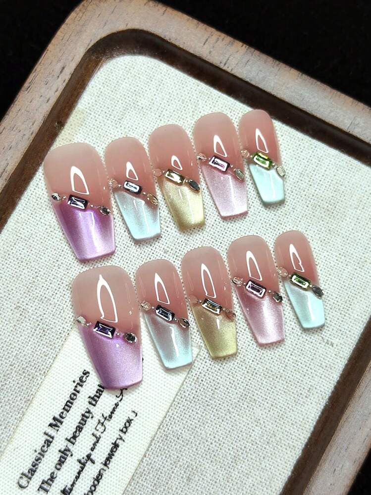 10 Pieces Of Pure Handmade Wearable Nails, Press-On False Nails, Shiny, French Dual-Color, Cool A... | SHEIN