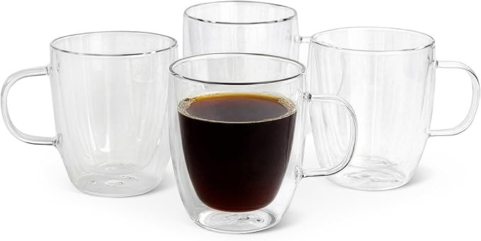 Amazon Basics Double Walled Glass Coffee Mugs, 4-Piece Set, Dishwasher-Safe, Borosilicate Glass, ... | Amazon (US)