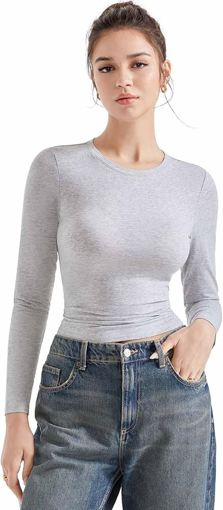 SUUKSESS Women Crew Neck Fitted T Shirts Cotton Jersey Basic Long Sleeve Tops | Amazon (US)
