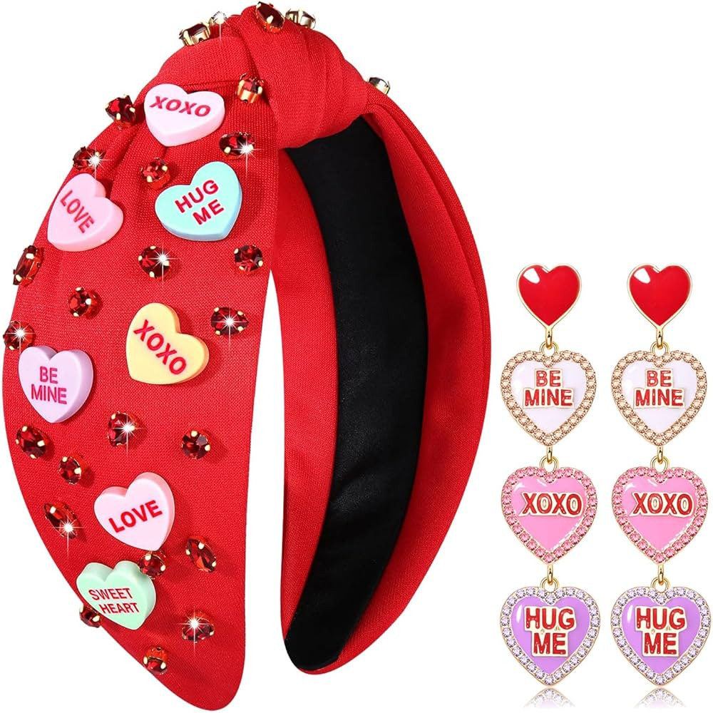 Valentine’s Day Headband for Women Love XOXO Heart Headbands Jeweled Conversation Heart Knotted... | Amazon (US)