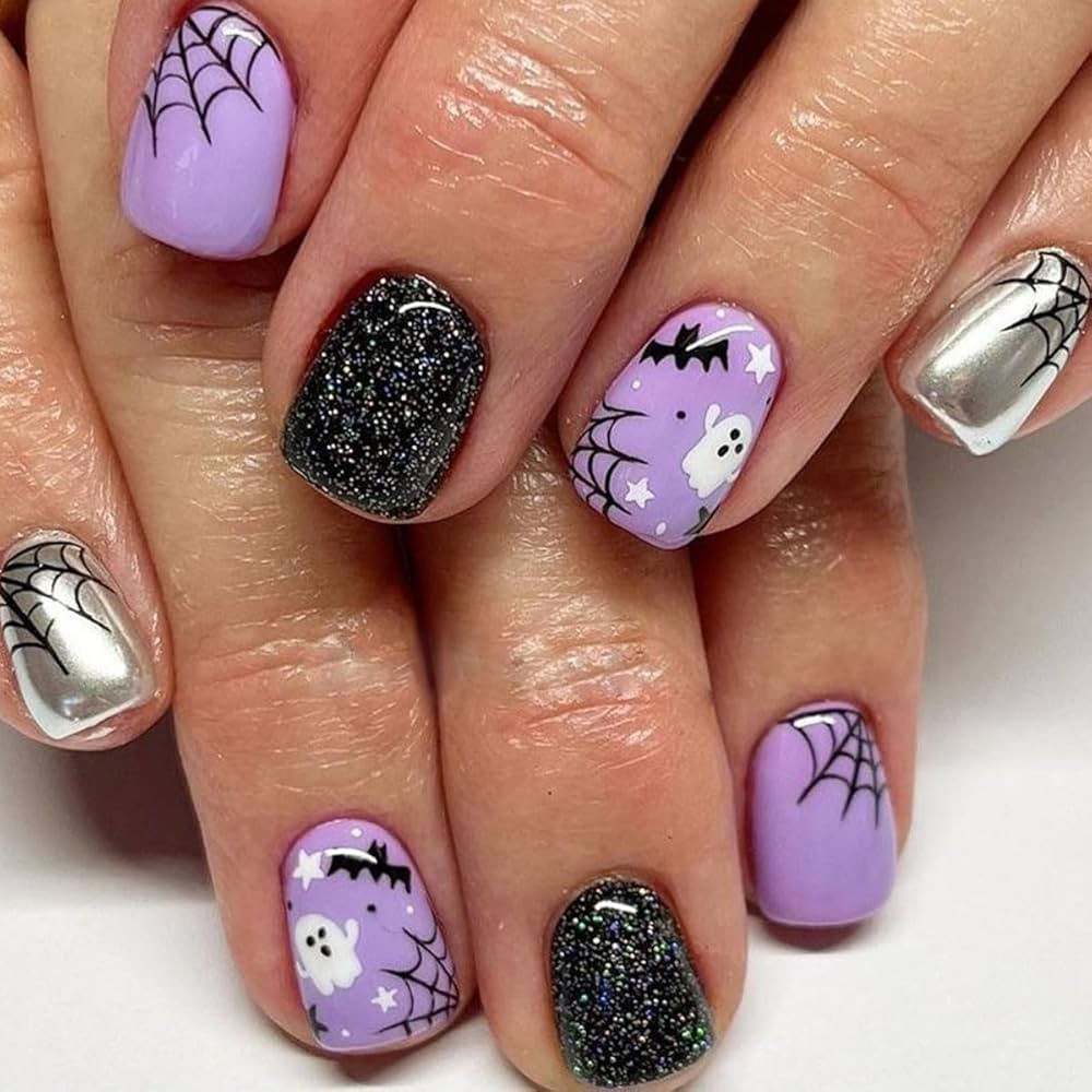 24 Pcs Halloween Press on Nails Short Square - ZWENJIE Cute Glossy Purple Fake Nails Press ons Nail Art Tip Full Cover Acrylic False Nails with Spider Web Bat Ghost Star Design Glue on Nails for Women | Amazon (US)