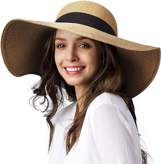 Womens Sun Straw Hat Wide Brim UPF 50 Summer Hat Foldable Roll up Floppy Beach Hats for Women | Amazon (US)