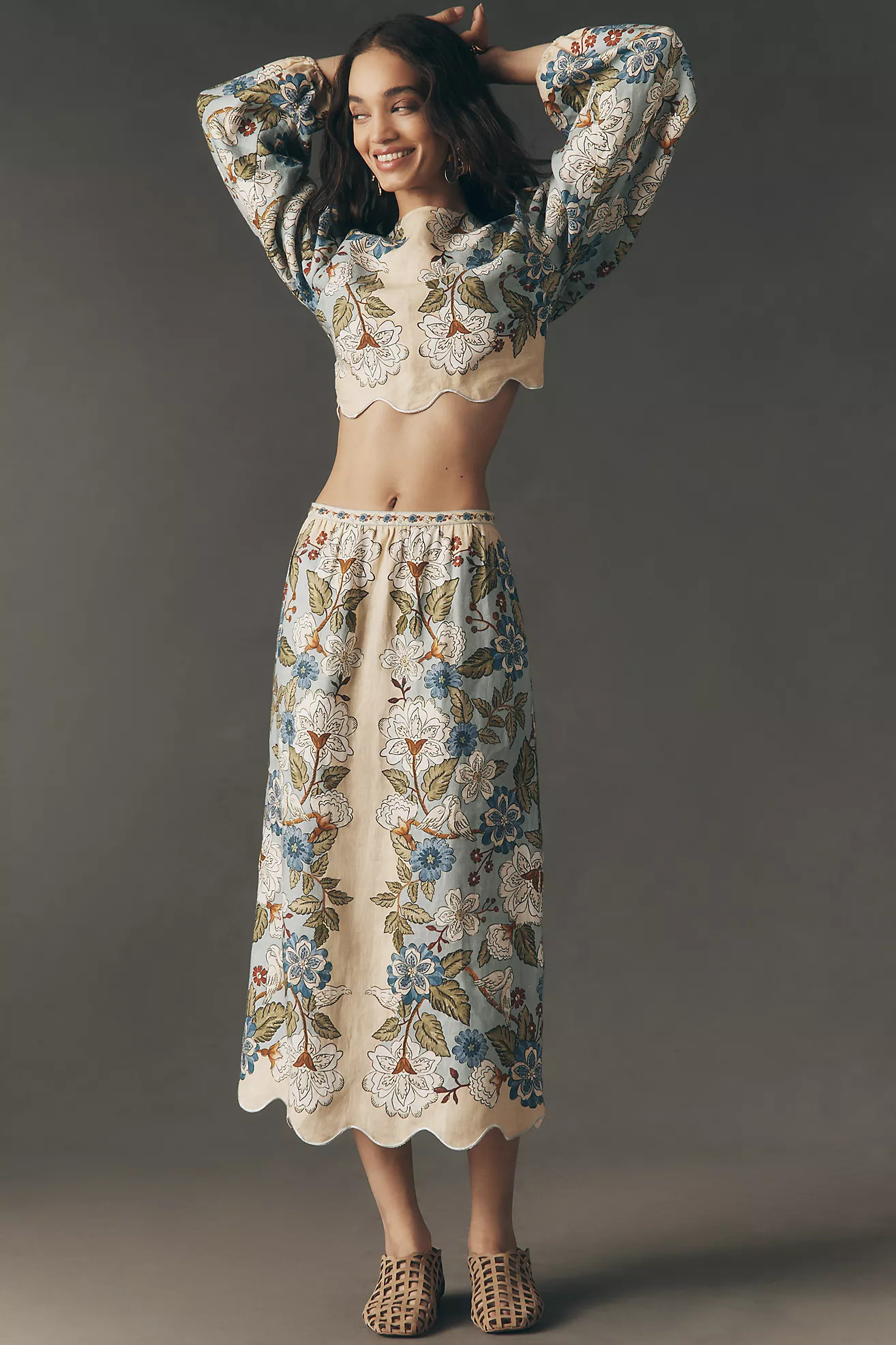 Farm Rio Garden Scalloped Linen Midi Skirt | Anthropologie (US)