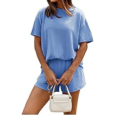 miduo Womens 2 Piece Sets Ribbed Textured Knit Casual Short Sleeve Shirts Shorts Two Piece Lounge... | Amazon (US)