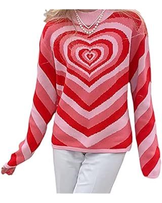 LOSIBUDSA Women Heart Print Sweater Long Sleeve Pullover O-Neck Knitted Blouse Shirt Casual Loose... | Amazon (US)