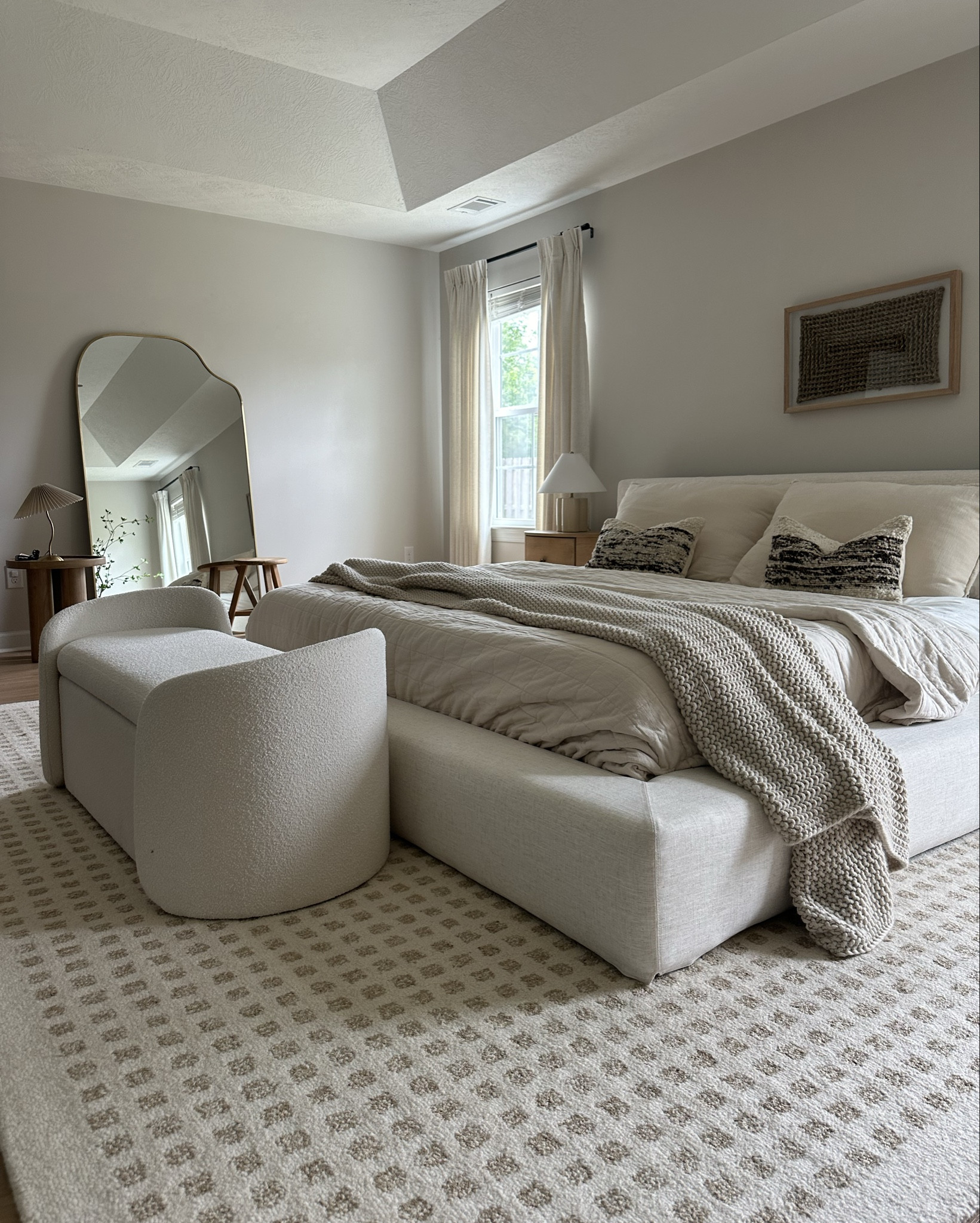 Bedroom design
Cloud bed- platform king bed- arched
Mirror- storage bench- Loloi rug 
Rugs neutral rug
Lumbar pillows bed pillows 

#LTKSaleAlert #LTKHome #LTKSummerSales