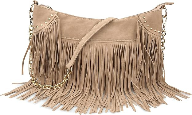 HOXIS Studded Tassel Faux Suede Leather Hobo Cross Body Chain Shoulder Bag Women’s Satchel | Amazon (US)