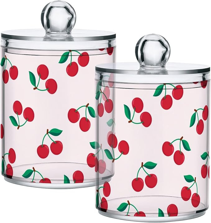 Cherry Print 2 Pack Qtip Holder Dispenser for Cotton Swabs, Cotton Ball, Pads, Floss, 10 oz Plast... | Amazon (US)