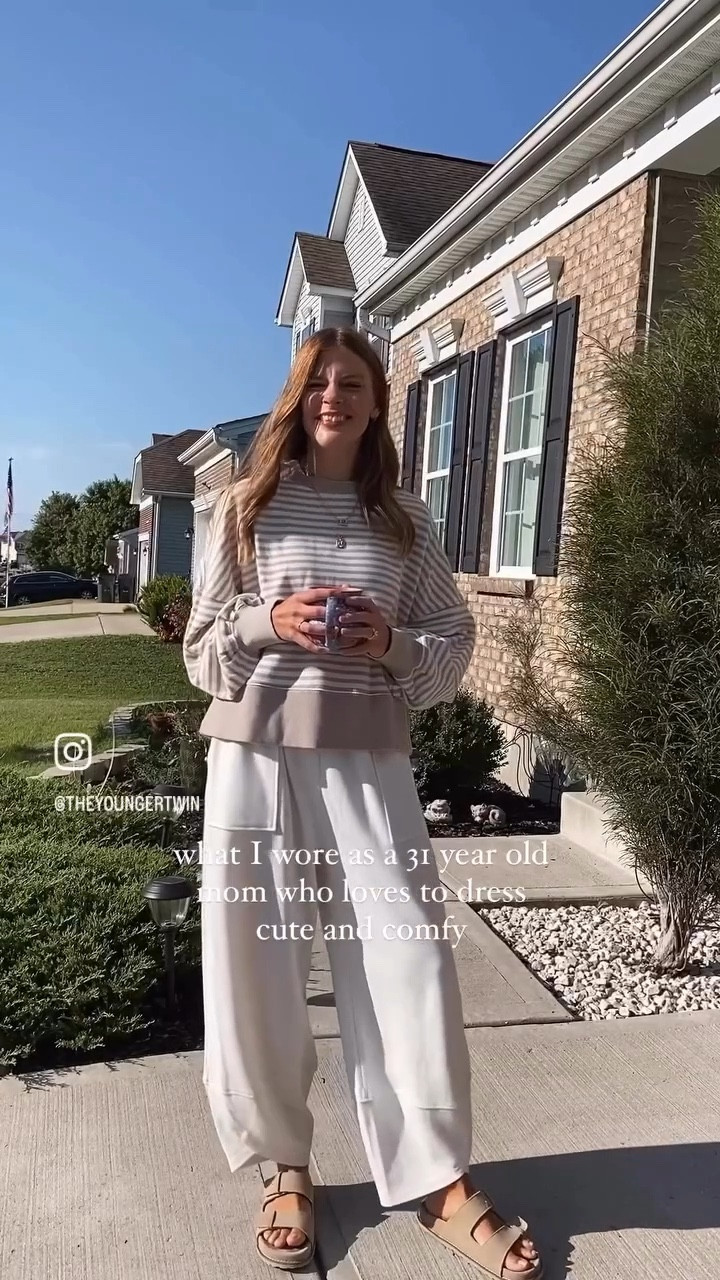 cute and comfy outfit inspo 🤎 perfect summer to fall closet staple! 

*wearing a size small in sweater (oversized fit!) and a size medium in pants — could wear a small, but I’m always afraid of things shrinking after washing! And I have washed these a couple of times and they haven’t shrunk 🤷🏽‍♀️