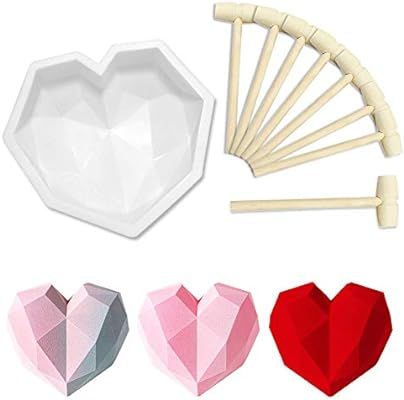 Silicone Chocolate Mold, Diamond Heart Shape Candy Cake Mold with Wooden Hammers, 8.7 Inch Mousse... | Amazon (US)