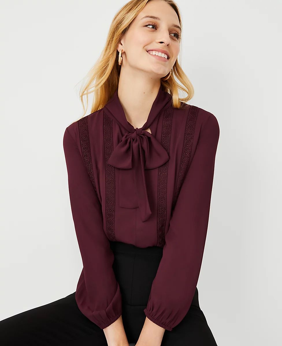 Mixed Media Lace Tie Neck Blouse | Ann Taylor (US)