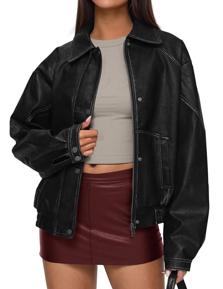 PRETTYGARDEN Faux Leather Jacket Women Bomber Motorcycle Zip Up Jackets Oversized Fall Fashion Ou... | Amazon (US)