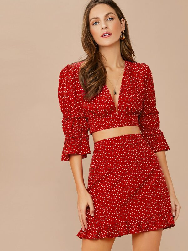 SHEIN Plunging Neck Ruffle Trim Heart Print Top & Skirt Set | SHEIN