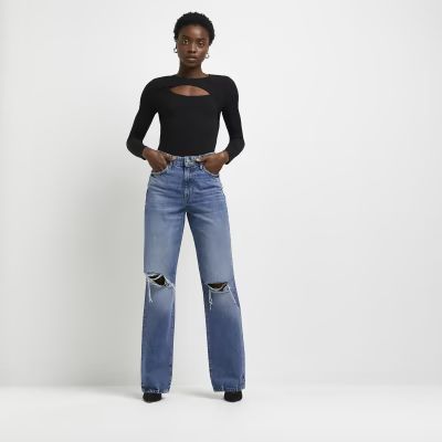 Blue ripped high waisted wide leg jeans | River Island (UK & IE)