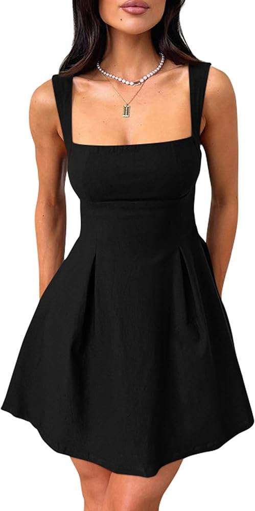 YMDUCH Women's Sexy Sleeveless Square Neck Adjustable Straps Bow Tie A-line Mini Party Club Dress | Amazon (US)