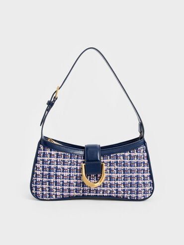 Navy Gabine Tweed Curved Shoulder Bag | CHARLES & KEITH | Charles & Keith US