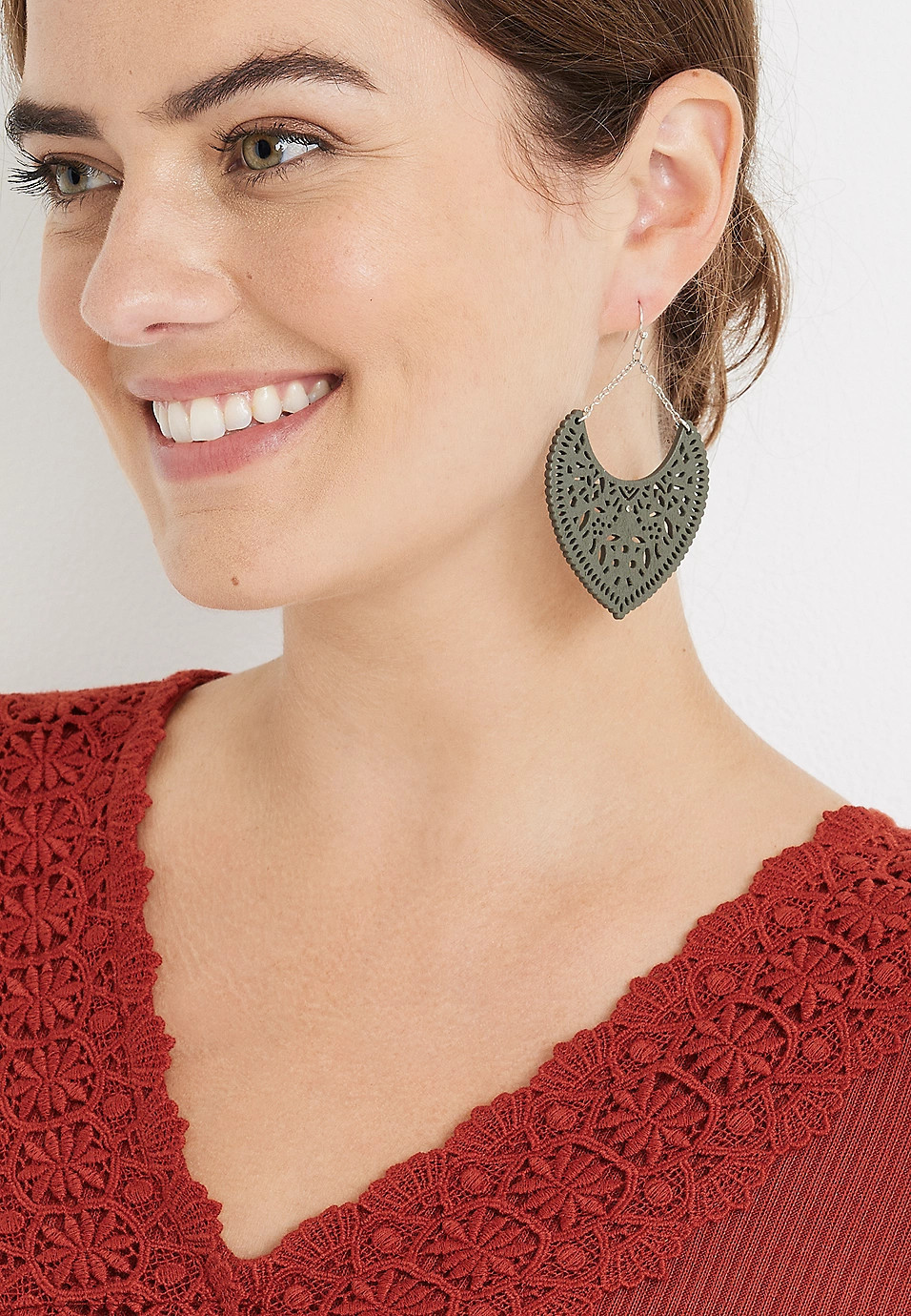 Olive Wood Cut Out Drop Earrings | Maurices